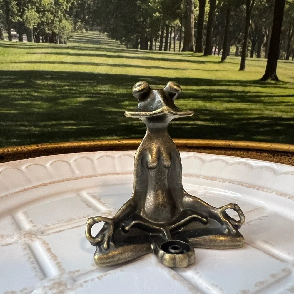 Meditation Frog Incense Holder Gold Tone Yoga Frog Decor